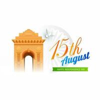 15th August Font With India Gate Monument And Dove Flying On White Ashoka Wheel Background. vector