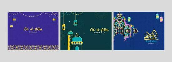 Eid-Al-Adha Mubarak Poster Or Template Design In Three Color Options. vector