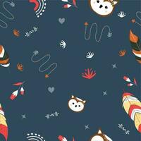 Seamless Pattern Background Of Cartoon Bear Face, Moving Arrow And Feathers In Boho Style. vector