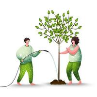 hombre riego el árbol con manguera con mujer para plantación concepto. vector