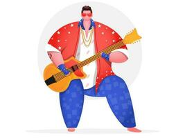 Young Man Character Playing Guitar on White Background. vector