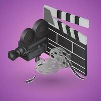 Realistic video camera with clapper and film reel on purple background. vector