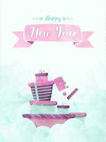 Happy New Year greeting card or template design with gift boxes and watercolor effect on white background. vector