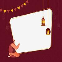 Illustration Of Muslim Man Offering Namaz With Hanging Lanterns, Space For Text On White And Maroon Background. vector