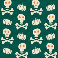 Teal Green Hexagon Pattern Background Decorated With Skull, Crossbones And Pumpkins. vector