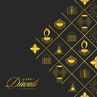 dorado contento diwali texto con festival elementos en negro antecedentes. vector