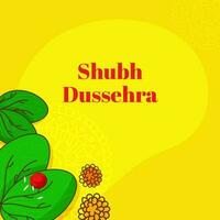 Happy Dussehra Concept With Roli Rice Over Apta Leaves And Flowers On Yellow Background. vector