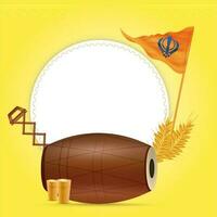 Empty Circular Frame With Dhol, Sapp Instrument, Wheat Ear, Lassi Glass And Nishan Sahib Sikh Flag On Yellow Background. vector