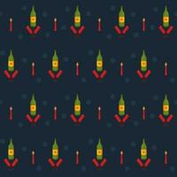 Blue Snowflake Pattern Background With Champagne Bottle, Cheers Glass And Lit Candle. vector