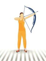 Faceless character of woman taking aim from bow arrow in standing pose. vector