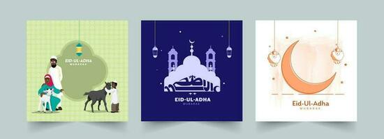 Eid-Al-Adha Mubarak Poster Or Template Design In Three Color Options. vector