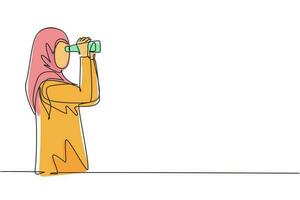 Continuous one line drawing Arab woman looking in distance with binoculars. Enjoy beauty of nature as far as the eye can see. Find something interesting. Single line design vector graphic illustration