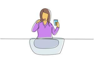 Single continuous line drawing woman brushing her teeth in sink. Routine habits every morning for cleanliness, health, freshness of mouth and teeth. One line draw graphic design vector illustration