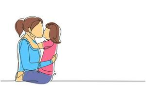 Single continuous line drawing sweet little girl is hugging and kissing her beautiful mom in cheek while sitting on bed at home. Mothers day. Dynamic one line draw graphic design vector illustration