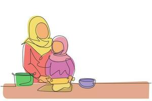 Single one line drawing beautiful young Arabian mom and her cute little daughter are playing and smiling while baking in kitchen at home. Modern continuous line draw design graphic vector illustration