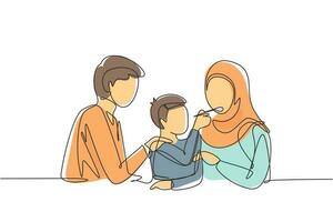 Single one line drawing Arabian family having fun together in modern restaurant. Boy feeds his mother with love. Happy little family concept. Continuous line draw design graphic vector illustration