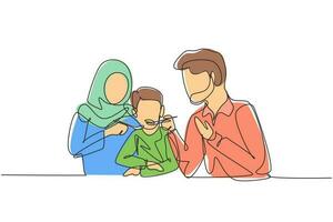 Single continuous line drawing Arabian family having fun together in restaurant. Parents feeds they boy with love. Happy little family concept. Dynamic one line draw graphic design vector illustration