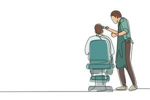 Continuous one line drawing rear view shot of handsome hairdresser cutting hair of young male client. Hairstylist serving client at barber shop. Single line draw design vector graphic illustration