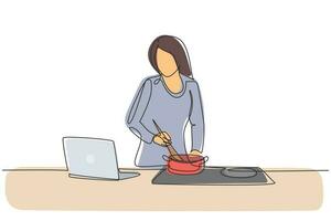 dibujo continuo de una línea mujer cocinando cena tiene conversación de videollamada en la cocina. mujer hablando con un amigo usando la aplicación en la computadora portátil. Ilustración gráfica de vector de diseño de dibujo de una sola línea