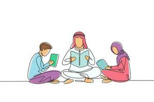 Single continuous line drawing Arabian male teacher and two students boy and girl reading, learning and sitting together. Study in library. Dynamic one line draw graphic design vector illustration