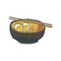 dibujo de una sola línea continua de fideos ramen de comida japonesa con varios ingredientes en un tazón. sopa de fideos asiática tradicional. estilo de rizo de remolino. Ilustración de vector de diseño gráfico de dibujo de una línea dinámica