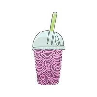 Single continuous line drawing cute Boba bubble milk tea. Delicious pearl milk tea in plastic cups with straw. Popular drink. Swirl curl style. Dynamic one line draw graphic design vector illustration