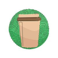 Single continuous line drawing disposable takeaway coffee cup. Cardboard coffee mug for espresso, cappuccino drink. Swirl curl circle background style. One line draw graphic design vector illustration