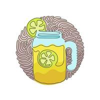 Single continuous line drawing hand drawn lemon, lemon slice, jar with lemonade. Freshness cold drink water in summer. Swirl curl circle background style. One line graphic design vector illustration