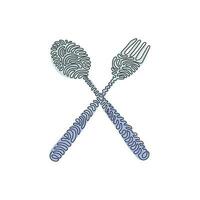 Single continuous line drawing crossed spoon and fork icon. Restaurant symbol. Cutlery simple flat design. Swirl curl style on white background. One line draw graphic design vector illustration