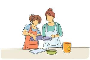 Single one line drawing mother and daughter pour oil into pan which is being held by one of them. Cooking preparation in cozy kitchen at home. Continuous line draw design graphic vector illustration