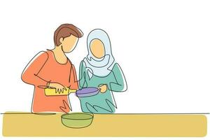 Continuous one line drawing romantic Arab couple pour oil into pan which is being held by one of them. Cooking preparation in cozy kitchen at home. Single line draw design vector graphic illustration