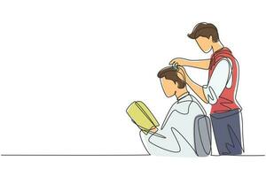 Single continuous line drawing barber shop client, which is getting his perfect haircut from a classy dressed stylist, reading the magazine and waiting for result. Dynamic one line draw graphic design vector