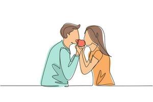 dibujo de una sola línea joven hermosa pareja compartiendo manzana. Celebre aniversarios de bodas y disfrute de un almuerzo romántico en el restaurante. Ilustración de vector gráfico de diseño de dibujo de línea continua moderna