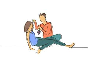 Dibujo de una línea continua Pareja romántica haciendo un picnic en el parque de verano. relajándose juntos sentados en el suelo y hombres dando uvas a las mujeres. Ilustración gráfica de vector de diseño de dibujo de una sola línea