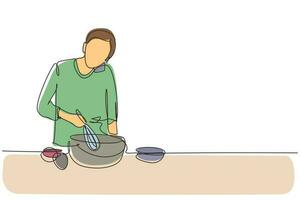 Un solo hombre de dibujo de línea continua habla por teléfono inteligente mientras prepara la cena mientras está de pie en la cocina y amasa la masa de la torta con una batidora manual. Ilustración de vector de diseño gráfico de dibujo de una línea