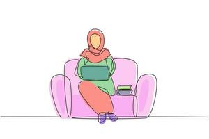 Continuous one line drawing young Arabian female with laptop sitting on sofa. Freelance, distance learning, online courses, and studying concept. Single line draw design vector graphic illustration