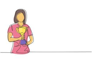 Single one line drawing female athlete wearing sports jersey holding golden trophy with both hands. Celebrating victory of national competition. Continuous line draw design graphic vector illustration