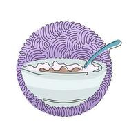 Single one line drawing corn flakes, cereal and milk splash in bowl. Healthy breakfast for children. Swirl curl circle background style. Modern continuous line draw design graphic vector illustration