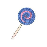 Single continuous line drawing swirl lollipops. Colored sugar candies for dessert. Sweet candy on stick with twisted design. Swirl curl style. Dynamic one line draw graphic design vector illustration