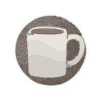 Single one line drawing coffee mug for latte, espresso, cappuccino. Hot coffee ready to drink. Swirl curl circle background style. Modern continuous line draw design graphic vector illustration