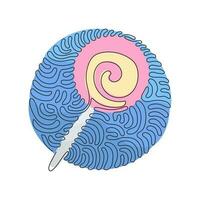 Continuous one line drawing swirl lollipops. Colored sugar candies. Sweet candy on stick with twisted design. Swirl curl circle background style. Single line draw design vector graphic illustration