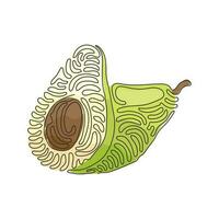 una línea continua dibujando aguacate entero y medio con semilla. comida vegetariana vegana saludable. sabroso aperitivo para la cena en casa. estilo de rizo de remolino. ilustración gráfica de vector de diseño de dibujo de una sola línea