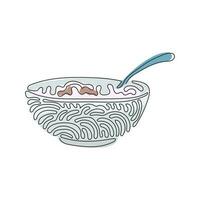 Single continuous line drawing corn flakes, cereal and milk splash in bowl. Healthy breakfast for children in the morning. Swirl curl style. Dynamic one line draw graphic design vector illustration