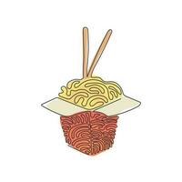 Single continuous line drawing noodle in box. Asian ramen oriental, traditional Chinese restaurant with pasta and chopsticks. Swirl curl style. Dynamic one line draw graphic design vector illustration