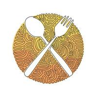 Single continuous line drawing crossed spoon and fork icon. Restaurant symbol. Cutlery simple flat design. Swirl curl circle background style. Dynamic one line draw graphic design vector illustration