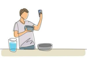 dibujo de línea continua única hombre guapo tomando selfie o haciendo videollamadas usando su teléfono inteligente mientras cocina ensalada fresca. concepto de comida sana. Ilustración de vector de diseño gráfico de dibujo de una línea