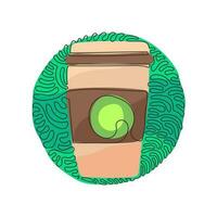 Single one line drawing coffee milk paper cup. Hot chocolate drink to crave for refreshing feeling. Swirl curl circle background style. Modern continuous line draw design graphic vector illustration