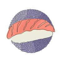 dibujo de una sola línea continua tradicional sushi japonés, atún crudo o bola de arroz maguro. menú en restaurante japonés. estilo de fondo de círculo de rizo de remolino. vector de diseño gráfico de dibujo dinámico de una línea