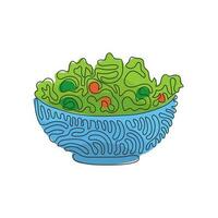 una sola línea dibujando ensalada verde de verduras frescas en una ensaladera. aperitivo saludable para el cuerpo humano. Comida saludable. estilo de rizo de remolino. ilustración de vector gráfico de diseño de dibujo de línea continua moderna