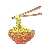 Single one line drawing noodle in bowl. Asian ramen oriental, traditional Chinese restaurant with pasta and chopsticks. Swirl curl style. Modern continuous line draw design graphic vector illustration